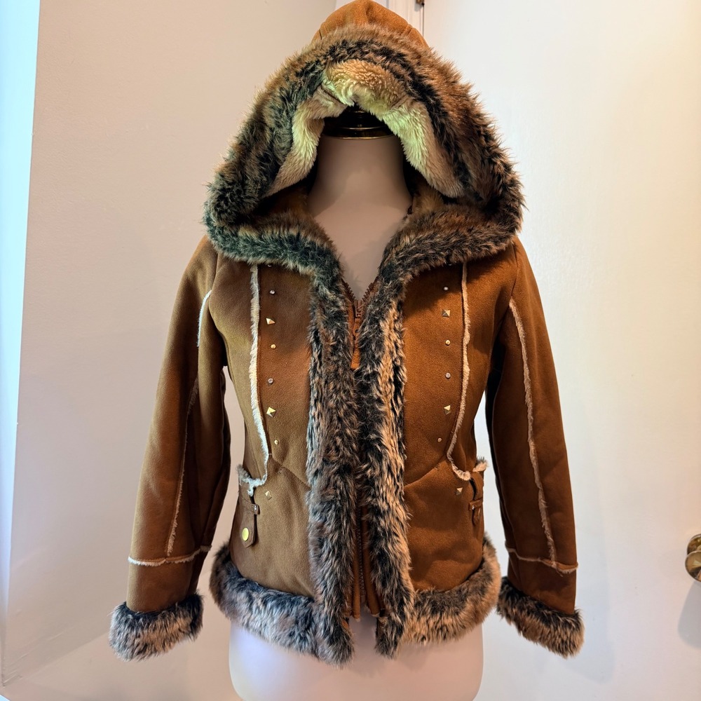 Big Chill Brown Faux Suede & Fur Trim Hooded Jacket Studded |Size Girls M 10/12